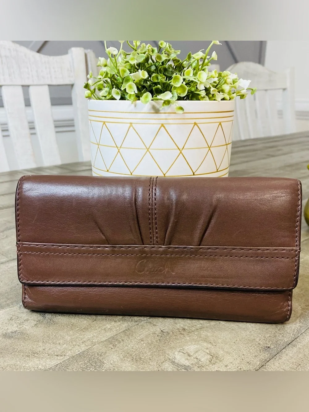 Coach Soho Vintage Brown Leather Pleated Trifold Wallet